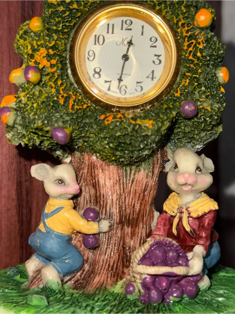 Whimsical Green Tree Clock Figurine with Rabbits
